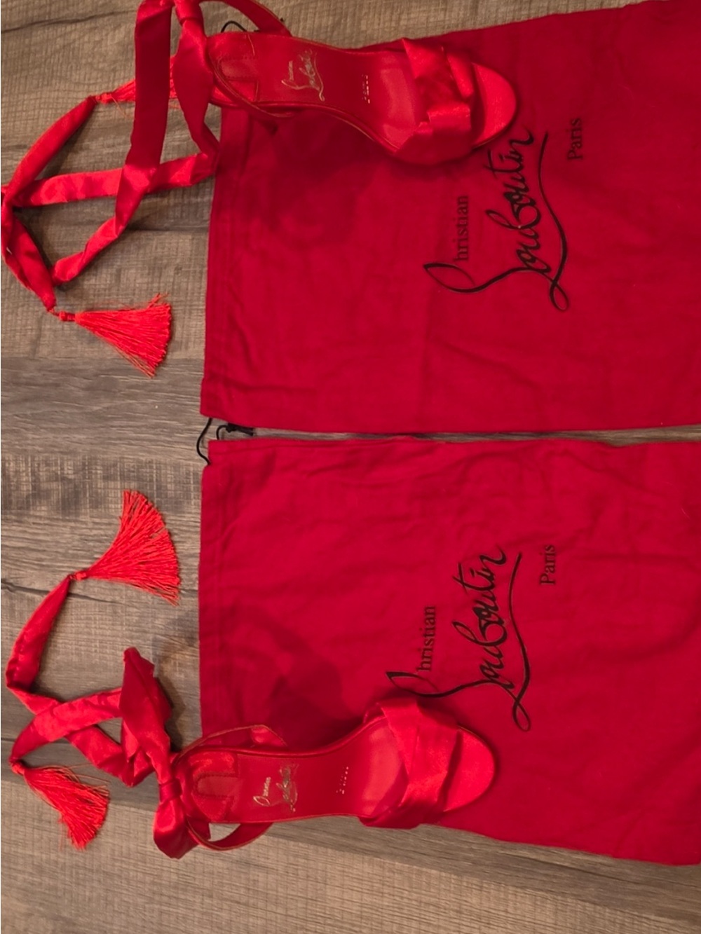 Christian Louboutin Red Satin Wrap-Ankle Stiletto Heels with Tassel - Picture 7 of 7